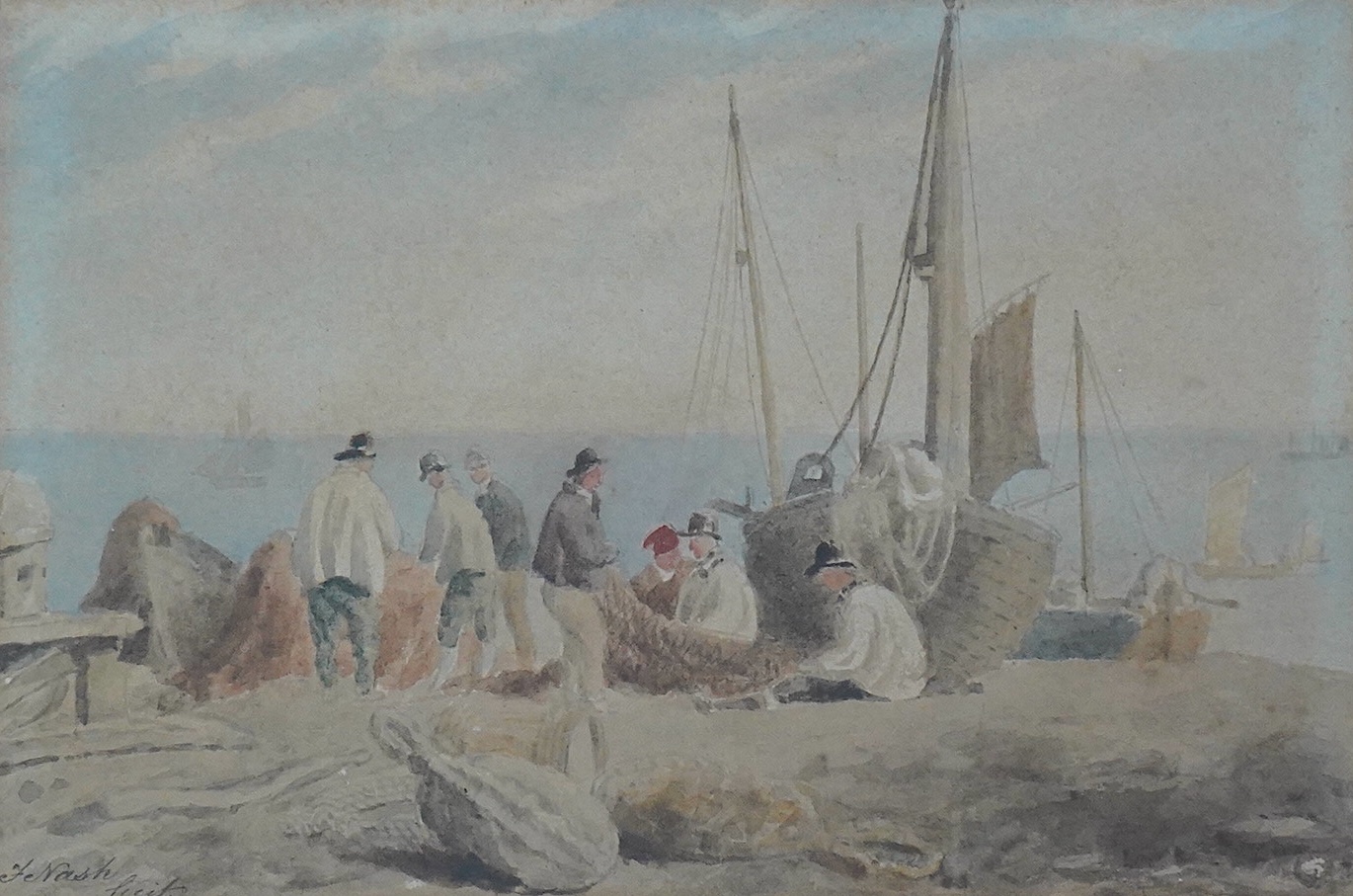 Frederick Nash (British, 1782-1856), Fishermen and boats on Brighton beach, watercolours, a pair, 16.5 x 25cm